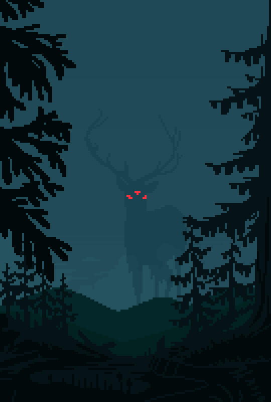 deer with three red eyes looks at viewer in darkly lit forest